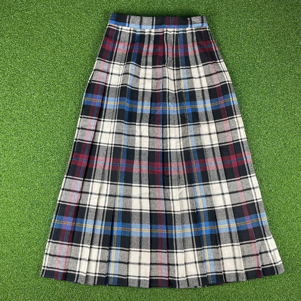 Vintage 90s Claude Blue White Plaid Button Front Pleat Flannel Midi Skirt Sz 5/6